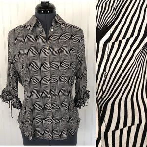 Vintage 90s 2000s Y2K Psychedelic Swirl Black and White Op Art Sexy Sheer Blouse